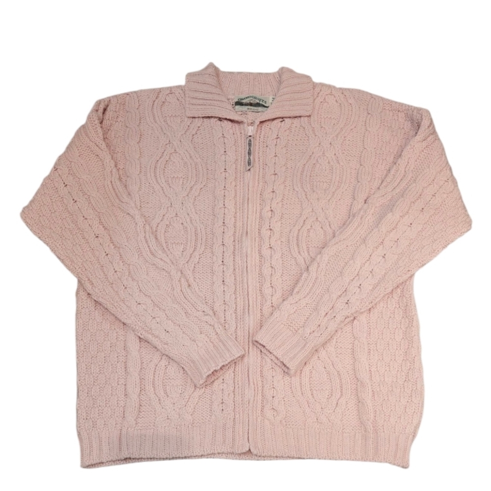 Aran Crafts Ireland Merino Wool Zip Cardigan Sweater Pink Size M (Fits XL)